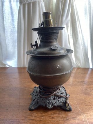 Antique Converted B&H - Bradley Hubbard Oil Desk Lamp Brass & Cast Iron Base 3