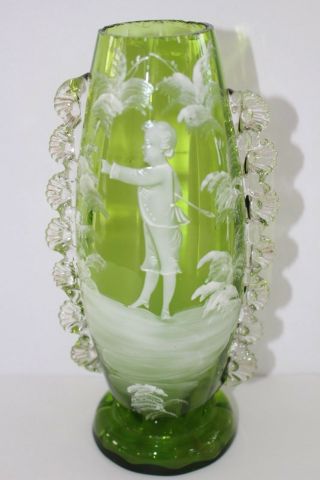 Exceptional 19c Green Vase By Artist Mary Gregory