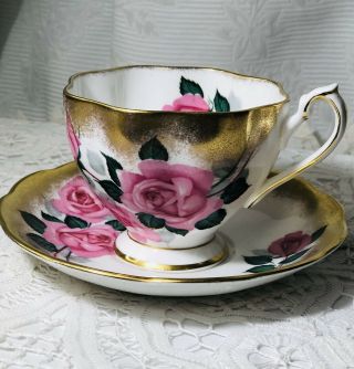 Vtg.  Queen Anne Tea Cup & Saucer Pink Flowers & Heavy Gold,  Bone China - England.