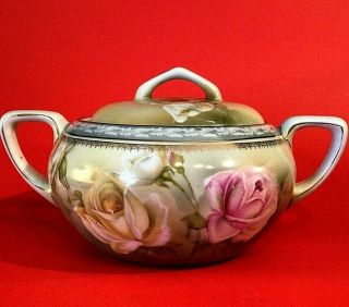 R S Germany Biscuit Jar Covered Dish Antique Hand Painted Roses 10 " W Gold Accent