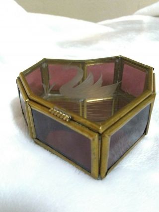 Vintage Brass Etched Glass Footed Trinket Box Curio Keepsake