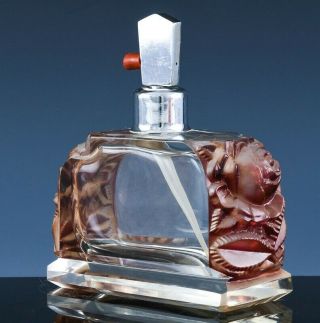 Gorgeous Antique Art Deco Czech Glass Pink Cabbage Roses Atomizer Perfume Bottle
