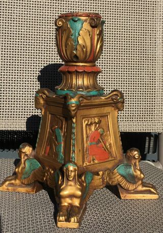 Rare Antique 1920 Pompeian Polychrome Bronze Clad Egyptian Sphinx Candle Holder