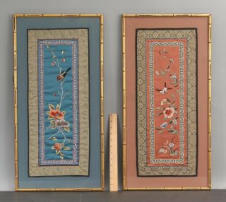 2 Antique Early 20thc Chinese Silk Embroidery Panels Birds & Flowers Nr