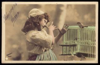 Old Real Photo Postcard.  Edwardian Child Girls With Birds Cage France 1900s