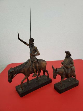 Rare Vintage Wood Sculpture Don Quixote & Sancho Panza,  Ouro Artesania Spain