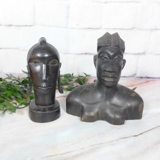 Set Of 2 Vintage African Tribal Women Hand Carved Blackwood Wood Sculptures Good