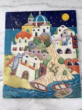 Large Vintage Art Tile Mediterranean Seaside Village