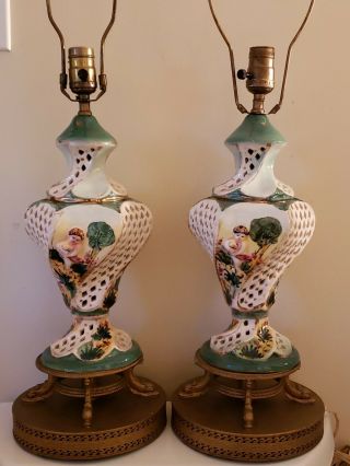 Vtg 2 Capodimonte Pierced Hand Painted Green & White Cherub Table Lamps