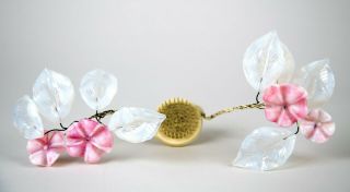 Antique Metal Wire Hairpin Spike Flower Frog Opalescent Glass Flowers & Leaves