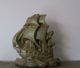 Vintage Green Ceramic Tall Ship Bookend Or Wall Hanging