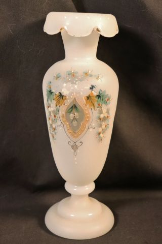 Victorian Art Glass Clambroth Milk Glass Enameled Vase Hand Painted Bristol
