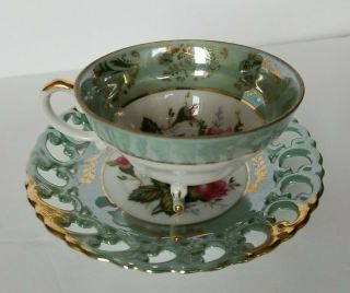 Royal Sealy 3 Footed Tea Cup & Saucer Green Rose Reticulated Pierced Gold China