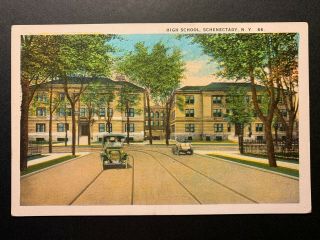 Postcard Schenectady Ny - C1920s High School - Old Cars