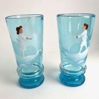 1 Pair Vintage Light Blue Mary Gregory Boy And Girl Glass Tumblers - White Enamel