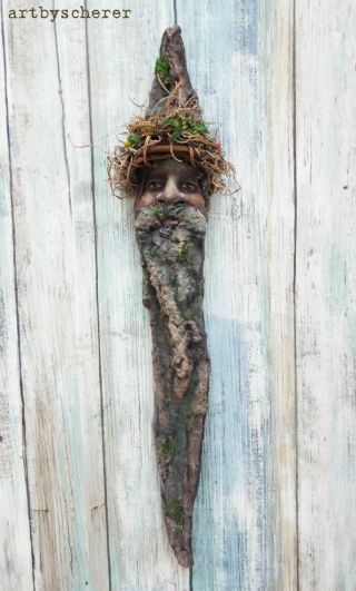 Ooak Wood Tree Bark Clay Carving Spirit Folk Art Primitive Natural Sculpture