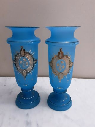 Pr Antique Victorian Hand Blown,  Gold Gilted Satin Blue Bristol Glass Vases 8.
