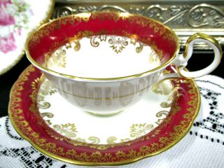 Aynsley Tea Cup And Saucer Red & Gold Gilt Scroll Work Teacup Low Doris England