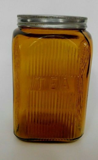 Vintage Depression Era Kitchen Glass Amber Tea Canister In E