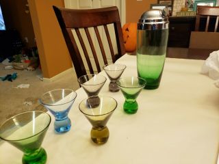Vintage 1930s Art Deco Glass Cocktail Shaker Set W/ Colored Glasses