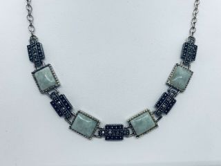 Vintage (1920s) Art Deco Silver Green Jadeite & Marcasite Link Necklace 2