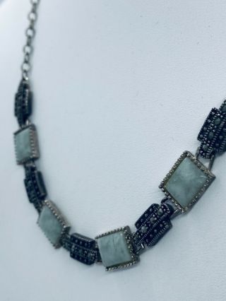 Vintage (1920s) Art Deco Silver Green Jadeite & Marcasite Link Necklace 3
