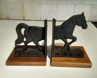 Vintage Cast Metal Iron Horse Bookends On Wooden Base