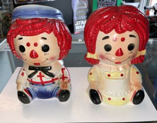 Vintage Japanese Made Ceramic Raggedy Anne And Andy Planters Pots