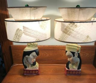 Vintage Mid Century Oriental/asian Man & Woman Table Lamps Fiberglass Shades