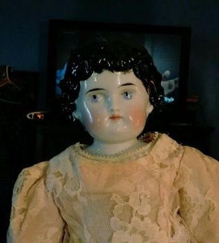 Rare Mold 18 " Antique High Brow China Head Doll In Antique Satin & Lace Dress8