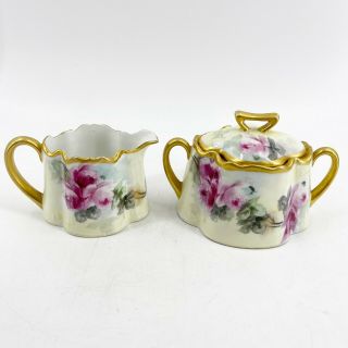 Bavaria Z.  S.  & C Pink Roses Hand Painted Creamer & Covered Sugar Bowl Porcelain