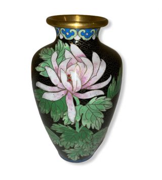 Vintage Zi Jin Cheng Cloisonne Black Enamel On Brass 6 " Floral Asian Decor Vase