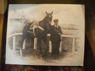 Large Vintage Photograph Race Horse & Jockey B/w 19 " X16 " Racing Portrait