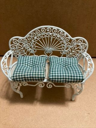 Antique Miniature Dollhouse White Metal Bench With 2 Removable Cushions