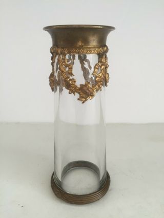 Antique French Glass Bronze Ormolu Garland Swag Bud Vase 5 1/4 " Impressed Star
