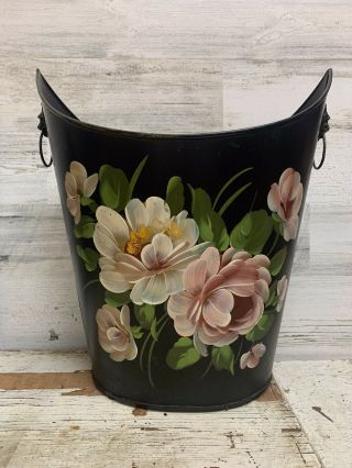 Vintage Toleware Black Metal Hand Painted Floral Waste Can 23459