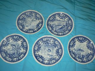 Antique Vintage Copeland England Porcelain Plate Set Of 4 Fish Flow Blue 9 1/2 "