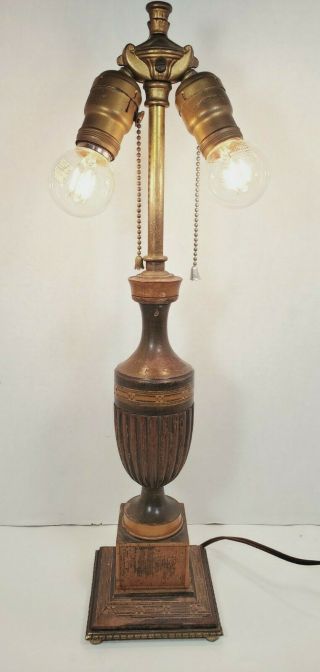Antique Dual Bulb 20 " Carved Wood & Brass Urn Style Table Lamp Rare