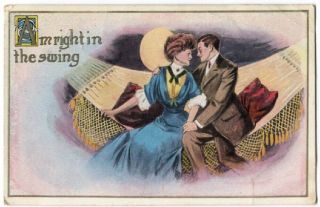 102920r Vintage Romance Postcard Man Woman On Hammock W/ Moon Right In The Swing