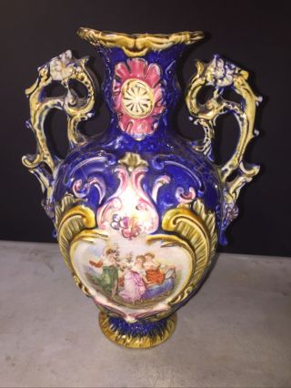 Antique Ornate Cobalt Blue Gold Transfer Maidens Women Porcelain Handle Vase 10”