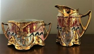 Antique Sugar/creamer - Heavy Raised Beaded Decoration Gold Luster Made In Germany