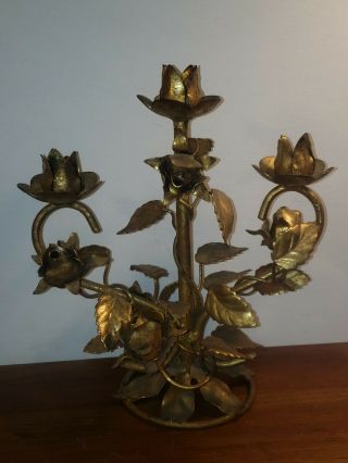 Vintage Gold Gilt Metal Tole Roses 3 Candle Holder Candelabra Hollywood Regency