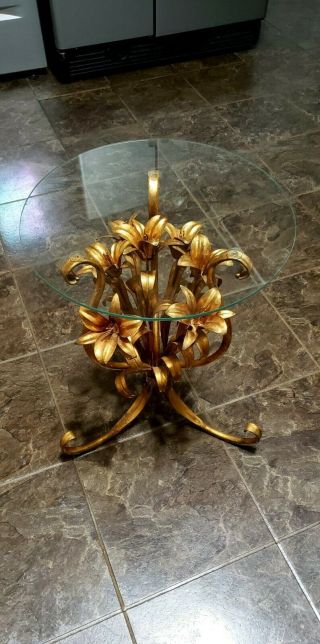 Vintage Hollywood Regency Italian Gold Gilt Tole Lily Flowers Accent Table Base.