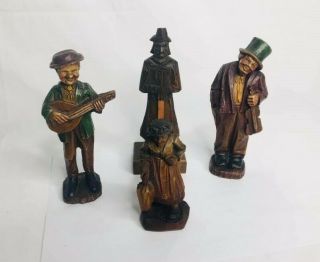 Four (4) German Antique Hand Carved Wood Figures - Musicians And Old Lady