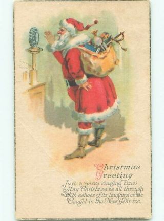 Pre - Linen Christmas Santa Claus Speaking On Very Old Antique Microphone Ab4896