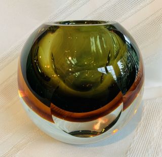 Heavy Art Glass Votive Candle Holder Murano? Green Rust Clear Round Flat Sided