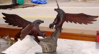 Vintage Pair Hand Carved Wood Black Forest Eagles Fighting Sculpture Statue N/r