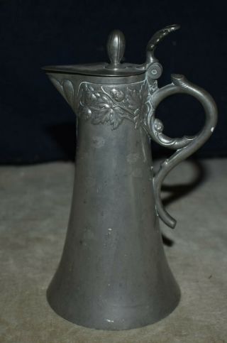 Rare Antique Handled Pewter Pitcher Tankard - W/hinged Lid,  Ornate