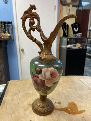 Victorian Ewer Hand Painted Bristol Glass Brass Griffin Adornments 15 1/4 "