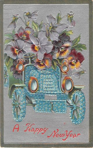 Old Year Pc - Pansies By Vintage Automobile Made Of Forget - Me - Nots - Ecc Ser 25